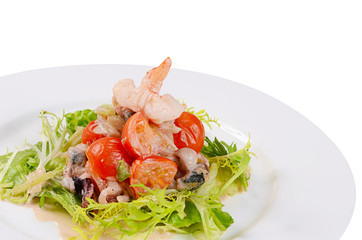 The fried seafood with vegetables close-up