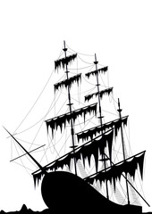 Black old ship at the sea ground - obrazy, fototapety, plakaty