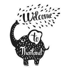 Hand drawn lettering typography poster. Welcome to Thailand, travel quote. Isolated silhouette of an elephant on a white background. Vector - 104005905