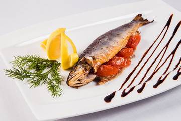 Baked fish with tomato on white plate on light background