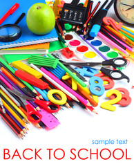 School supplies tools pencils crayons colorful assortment isolated white background
