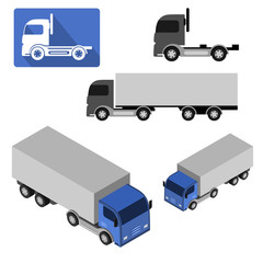 Blue Truck Isolated On White Background. Flat design, icon and 3D isometric view. Vector illustration.