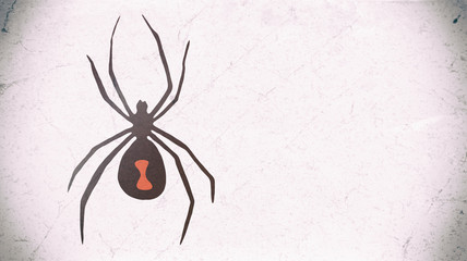 Black Widow Spider Symbol Copy Space. Black widow spider illustration. Black on white background with distinctive red hourglass shape marking. On an aged looking background with copy space.