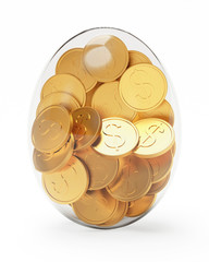 Glass egg full of golden coins isolated on white background  