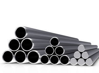 Metal pipes stacked in a pyramids isolated on white background