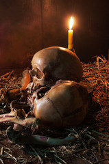 Still life style with skull and pile of bone, and candle, dark c