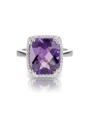 Large Rectangle purple amethyst cushion cut diamond halo fashion cocktail or engagement ring. isolated on white with a reflection