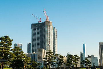 Fototapeta na wymiar View of tokyo cityscape with blue sky