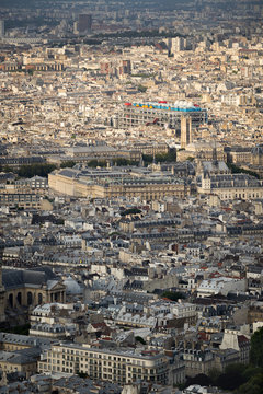 Aerial view, rooftops of the 4th arrondissement in Paris including Ile de la Cite, Tour Saint Jacques and Centre Georges Pompidou (Pompidou Center) in the Marais. France