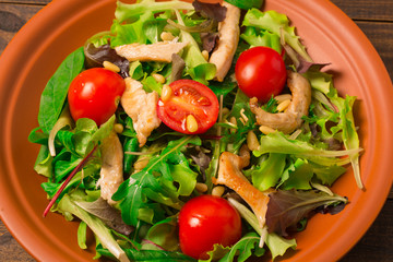 Fresh salad with chicken breast, arugula and tomato. Top view