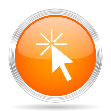 click here orange silver metallic metallic chrome web circle glossy icon