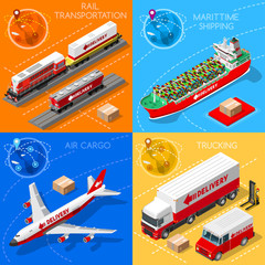 Freight Infographic. Global Trade. Logistics Transportation Vehicle 3D Isometric Vector Objects Maritime Cargo Ship Truck Van Train Air Plane Rail Vector Collection. Fast Delivery Worldwide