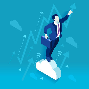 Business Graph Investor trader Business future vision. Executive Leader Character Finance Lead Manager Businessman. Leadership Management. 3D Flat Isometric People Data Scientist Leader Concept Vector