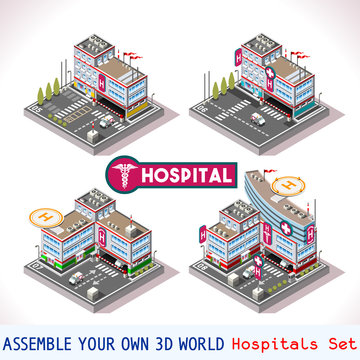 City Hospital Buildings and Landmarks. Game Tile Collection Clinic Medical Isometric Vector Icon. 3d Urban Map medicine Elements Icon Set. Industry. Parking Rescue Security Patient Ambulance Transport