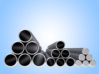 Metal pipes of different diameters stacked in a pyramids on blue background