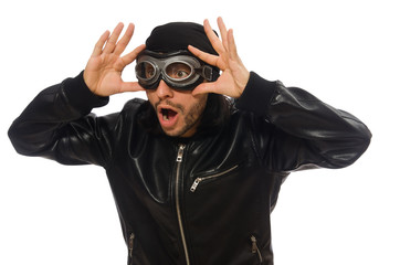 Young man with aviator glasses on white