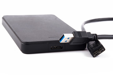 external hard drive with a cable on a white background USB