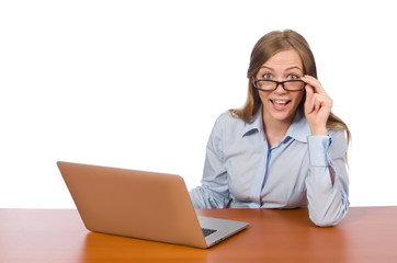 Office employee at work table with laptop isolated on white