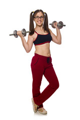 Woman exercising with dumbbells isolated on white