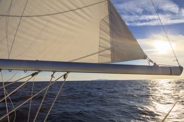 Rigging, ropes, shrouds and sail crop on the yacht