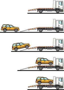 Set of auto transporter and car isolated on white background in flat style in different positions. Vector illustration.