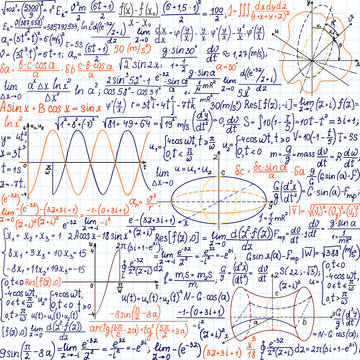 Mathematical vector seamless pattern with formulas and figures, "handwritten on the copybook paper", different colors