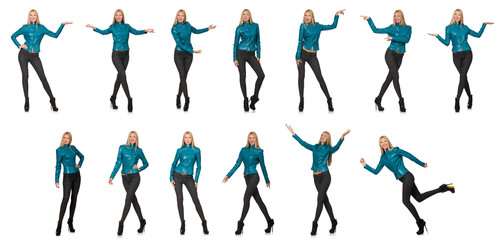 Pretty woman in blue leather jacket isolated on white