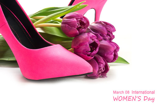 International Women's Day 8 March with ladies pink high heel sho