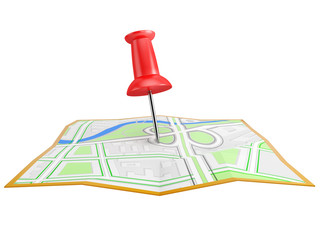 red pin on the city map,  isolated on white background