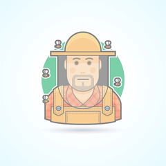 Beekeeper surrounded by bees, man in a bee protective veil icon. Avatar and person illustration. Flat colored outlined style.
