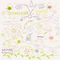 Summer time. Set of summer symbols. Heart, arrows, sun, sea, fish and rainbow for your design. Hand drawn summer illustrations. Doodles, sketch. Vector illustration.