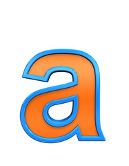 One lower case letter from orange glass with blue frame alphabet set, isolated on white. Computer generated 3D photo rendering.