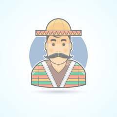 Mexican man in traditional clothes, native Mexico citizen icon. Avatar and person illustration. Flat colored outlined style.