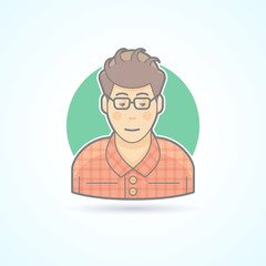 Nerd, student, hipster, smart guy icon. Avatar and person illustration. Flat colored outlined style.