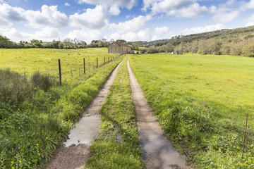Fototapeta na wymiar a rural path through a green mountain and a blue sky