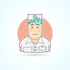 Ophthalmologist, otorhinolaryngologist, physician with head mirror  icon. Avatar and person illustration. Flat colored outlined style.