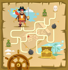 Pirate maze. Labyrinth game. Vector cartoon illustration