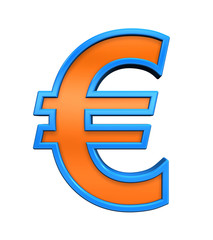 Euro sign from orange glass with blue frame alphabet set, isolated on white. Computer generated 3D photo rendering.