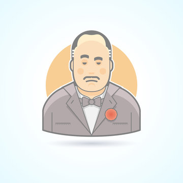 Italian mafiosi, criminal leader, Don Corleone icon. Avatar and person illustration. Flat colored outlined style.