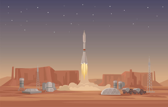 Rocket launch. Vector flat illustration