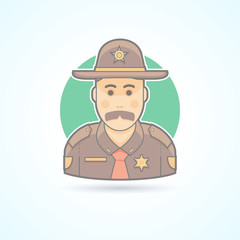 Police officer, texas chief, cop icon. Avatar and person illustration. Flat colored outlined style.
