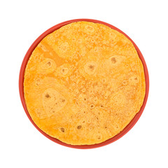 Tomato tortilla wraps on a plate top view isolated on a white background.