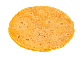 Tomato tortilla wraps isolated on a white background side view.