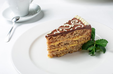 Piece of Kiev cake with chocolate cream and decorated mint