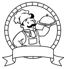 Funny cook or chief. Coloring book. Emblem