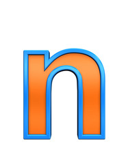 One lower case letter from orange glass with blue frame alphabet set, isolated on white. Computer generated 3D photo rendering.