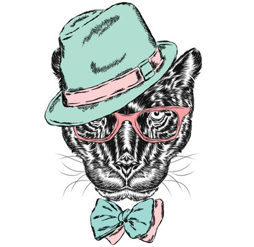Black Panther in a hat and sunglasses . Panther vector . Print . Hipster. Postcard Panther .
