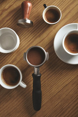 Top view portafilter tamper coffee ceramic cups