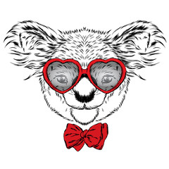 Fototapeta premium Cute koala. St. Valentine's Day. Love. Hearts. Koala vector. Greeting card with bear. Australia. America, USA. Koala wearing glasses.