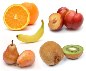 Collection of fruits. Orange, kiwi, banana, plum, pear